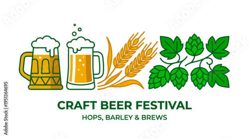Craft Beer Festival illustration featuring beer mugs, hops, and barley