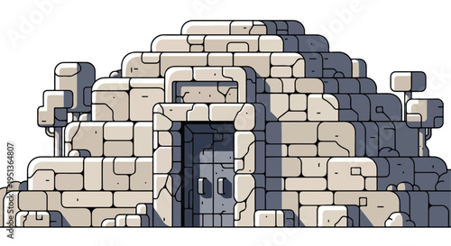 Abstract stone structure with arched entrance and textured blocks