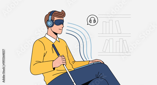 Blind person with headphones and cane listens to audio content from a tablet near bookshelves