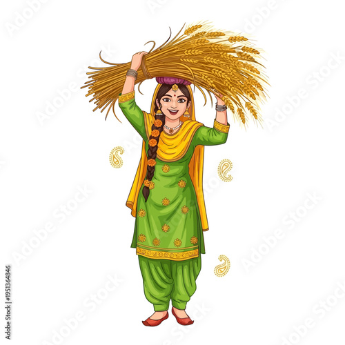 Traditional Punjabi Woman Carrying Harvested Wheat Stalks, Festive Attire, Indian Culture Illustration