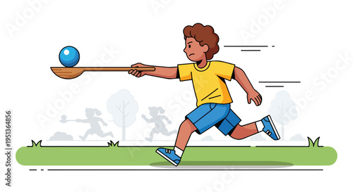 A young boy in a yellow shirt and blue shorts races with a blue ball on a spoon