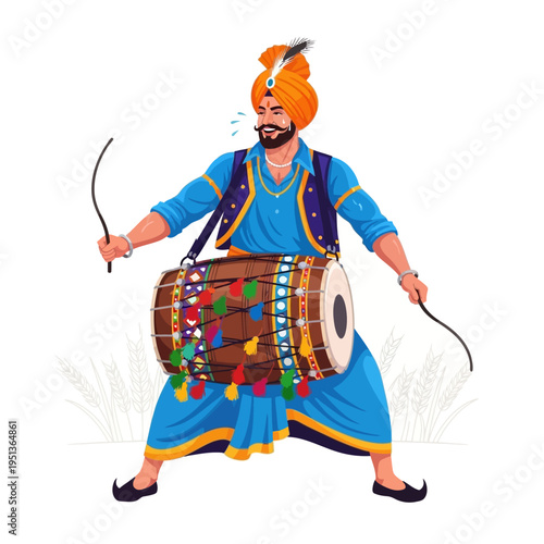 Energetic Dhol Player in Traditional Punjabi Attire Performing at a Celebration