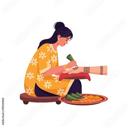 Artist applying henna to a person's hand, a cultural tradition involving intricate patterns and temporary body art