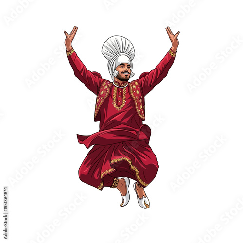 Vibrant illustration of a joyful Indian man performing energetic traditional Bhangra folk dance, expressing cultural celebration and dynamic movement
