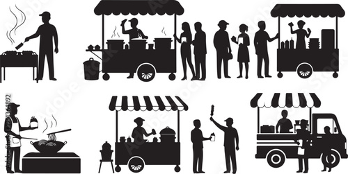 Street Food Vendors and Customers in Silhouette Vector Illustrations