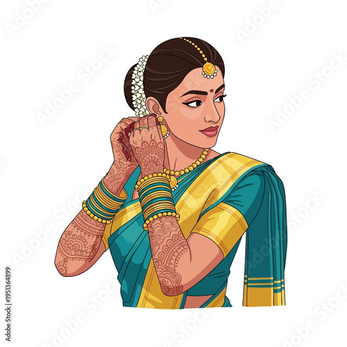 Beautiful Indian bride adorning traditional gold jewelry and vibrant silk saree on her special day