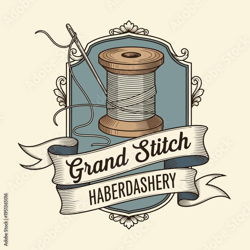 Grand Stitch Haberdashery Logo with Vintage Spool of Thread and Needle in an Ornate Frame on a Light Background
