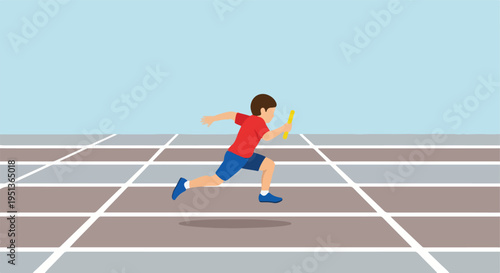 Young athlete in a red shirt and blue shorts runs with a baton on a track