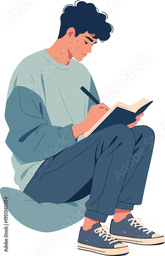 Illustrazione vettoriale di uno studente seduto o in piedi mentre studia e prende appunti. Concetto di apprendimento, concentrazione, educazione e studio, ideale per scuola, università e formazione.