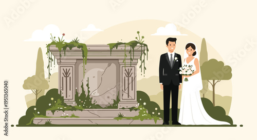 A wedding couple stands near an overgrown stone structure in a park