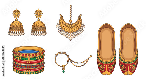 Vibrant collection of traditional Indian women's fashion accessories, including intricate gold jhumka earrings, colorful bangles, a regal necklace, and decorative mojaris footwear
