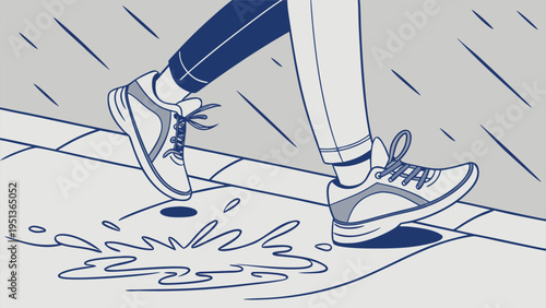 Minimalist flat vector illustration of a person walking on a rainy city sidewalk stepping over a water puddle in blue and white colors