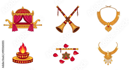 Indian Wedding Icons Set Doli, Jewelry, and Musical Instruments for Traditional Ceremonies