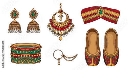 Traditional Indian wedding accessories. Ornate gold jhumka earrings, vibrant bangles, decorated mojari shoes, ceremonial turban, dazzling maang tikka