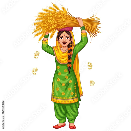 Woman in Traditional Punjabi Attire Carrying Wheat Sheaves, Celebrating Harvest and Cultural Heritage