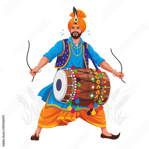 Vibrant Punjabi man playing the Dhol drum with joy and enthusiasm, celebrating traditional culture