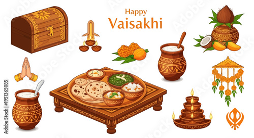 Happy Vaisakhi Celebration Elements Traditional Food, Decor, and Symbols