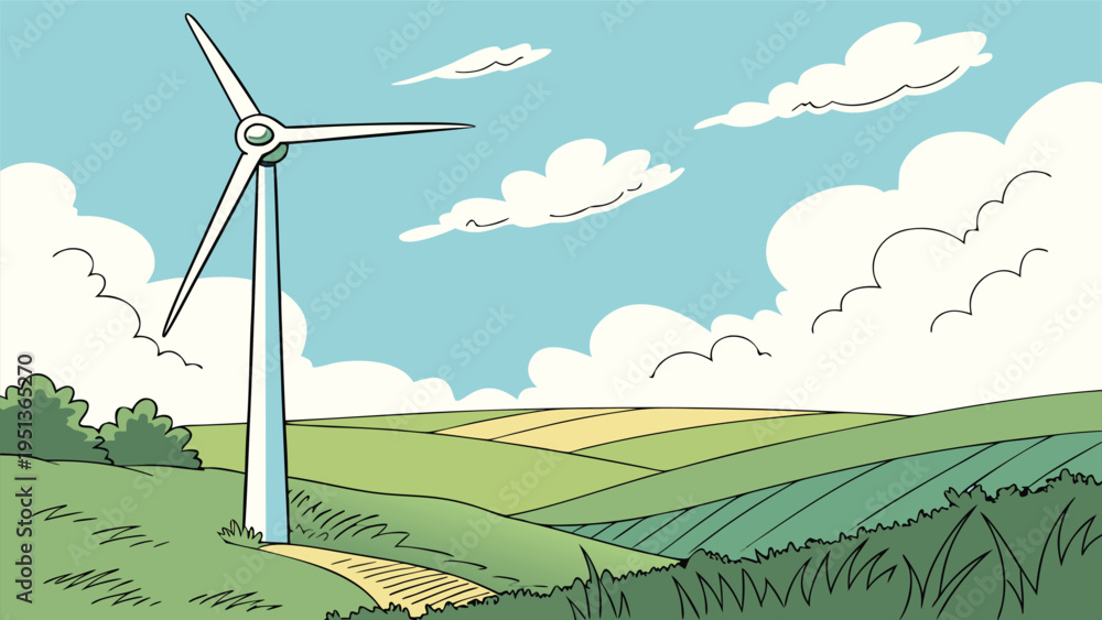 Obraz premium Wind turbine standing in a green rural landscape under a blue sky with clouds, featuring a clean comic book style line art illustration.