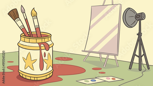 Artist studio illustration featuring paintbrushes in a jar with spilled red paint next to a blank white canvas on a wooden easel.