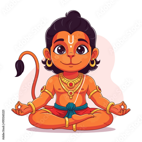 Cute Cartoon Illustration of Hanuman Sitting in a Meditation Pose with His Tail Curled and Wearing Ornaments