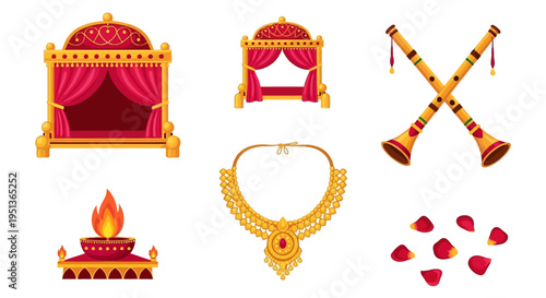 Indian wedding collection featuring mandap, jewelry, and musical instruments, symbolizing tradition and celebration