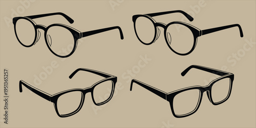Four pairs of black silhouette eyeglasses with different frame styles on a neutral background spectacles