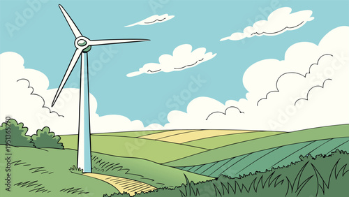 Wind turbine standing in a green rural landscape under a blue sky with clouds, featuring a clean comic book style line art illustration.