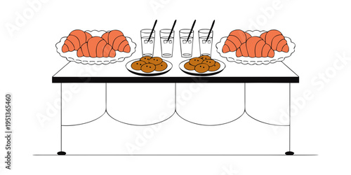  Minimalist line art vector illustration of a catering buffet table with croissants, cookies, and drinks for a business coffee break or corporate event.