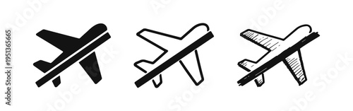 No flights allowed airplane icon set, symbolizing travel restrictions, flight prohibition, or cancellations.