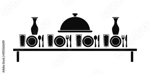  Minimalist black vector silhouette icon of a served banquet table with plates, cutlery, and a catering cloche for event organization