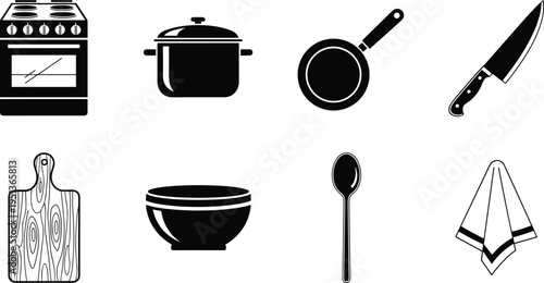Kitchenware and Cooking Utensils Silhouette Set Featuring Electric Stove, Pot, Frying Pan, Chef Knife, Cutting Board, Bowl, Spoon, and Napkin