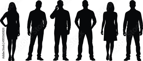 Black silhouette vector illustration of six diverse people standing in row, showing different postures, gestures, clothing styles, human shapes, and representation