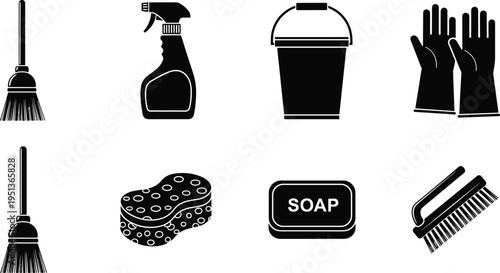 Cleaning Supplies and Housekeeping Equipment Silhouette Set Including Brooms, Spray Bottle, Bucket, Rubber Gloves, Scrub Sponge, Soap Bar, and Brush