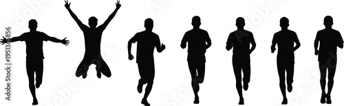 Black silhouette vector illustration of seven people in dynamic running and jumping poses, showing athletic motion, energy, progression, and physical activity