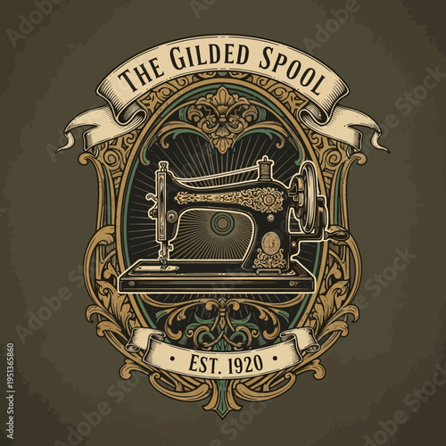 Vintage Sewing Machine Logo with Ornate Gilded Frame and "The Gilded Spool" for Tailoring in Dark Vintage Background.