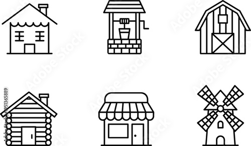 Rural Architecture and Farm Building Line Art Set Including House, Water Well, Barn, Log Cabin, Storefront, and Traditional Windmill Vector