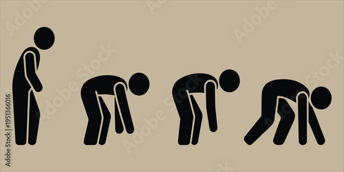 Sequence of four black silhouette figures bending down in progressive stages bowing stretching