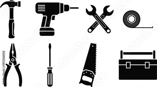 Industrial Hand Tools and Power Drill Silhouette Set Including Hammer, Wrench, Tape Measure, Pliers, Screwdriver, Hand Saw, and Toolbox Vector
