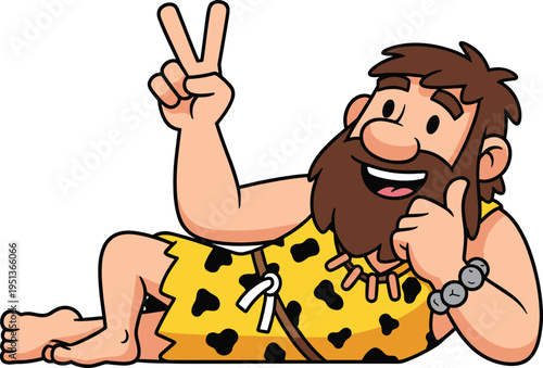 Cartoon vector illustration of cheerful caveman in animal-skin tunic, smiling with peace sign and thumbs-up gesture, prehistoric character, playful design