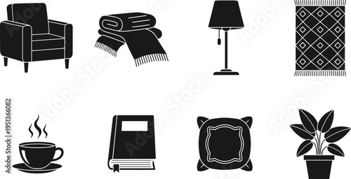 Cozy Living Room Interior Silhouette Set Including Armchair, Folded Blanket, Floor Lamp, Patterned Rug, Coffee Cup, Book, Cushion, and Potted Plant