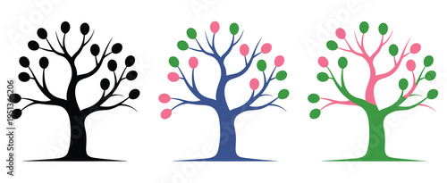 Pink and green decision tree icon, abstract tree with circles on branches, black trunk, business workflow, process diagram, hierarchy, strategy, planning, network, vector illustration 