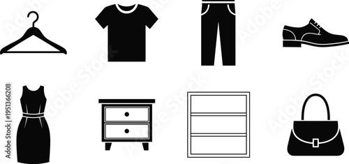 Clothing and Wardrobe Accessories Silhouette Set Including Clothes Hanger, T-shirt, Pants, Dress Shoe, Female Dress, Nightstand, Storage Shelf, and Handbag