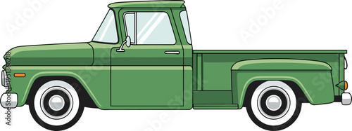 Classic vintage green pickup truck side view vector illustration with retro design, chrome accents, whitewall tires, automotive nostalgia, and artistic detail