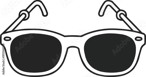 The image is a black and white line drawing of a pair of sunglasses. The sunglasses have a retro or vintage style, with a thick frame and a slightly rounded shape. 