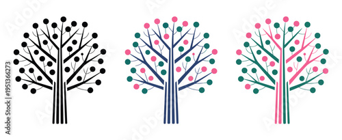 Decision tree vector icon, pink and green abstract design, black tree trunk, circles on branches, workflow, process chart, business strategy, hierarchy, planning, network diagram, and vector 