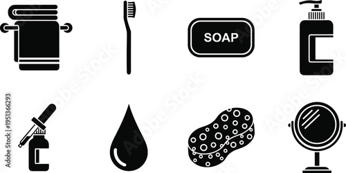 Bathroom Accessories and Personal Hygiene Silhouette Set Including Towel Rail, Toothbrush, Soap Bar, Pump Bottle, Dropper, Water Drop, Sponge, and Mirror