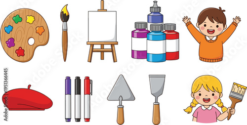 Colorful art tools and cartoon characters vector illustration featuring palette, brushes, easel, paint bottles, markers, knives, and creative design