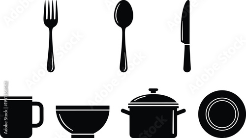 Black Kitchenware and Cutlery Silhouette Set Including Fork, Spoon, Knife, Mug, Bowl, Cooking Pot, and Plate Isolated on White Background