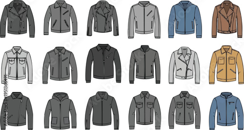 The image is a grid of illustrations showcasing various jacket styles. Here's a breakdown: