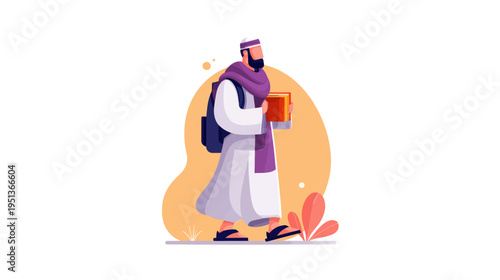 Muslim Pilgrim with Book and Backpack on a Sacred Journey